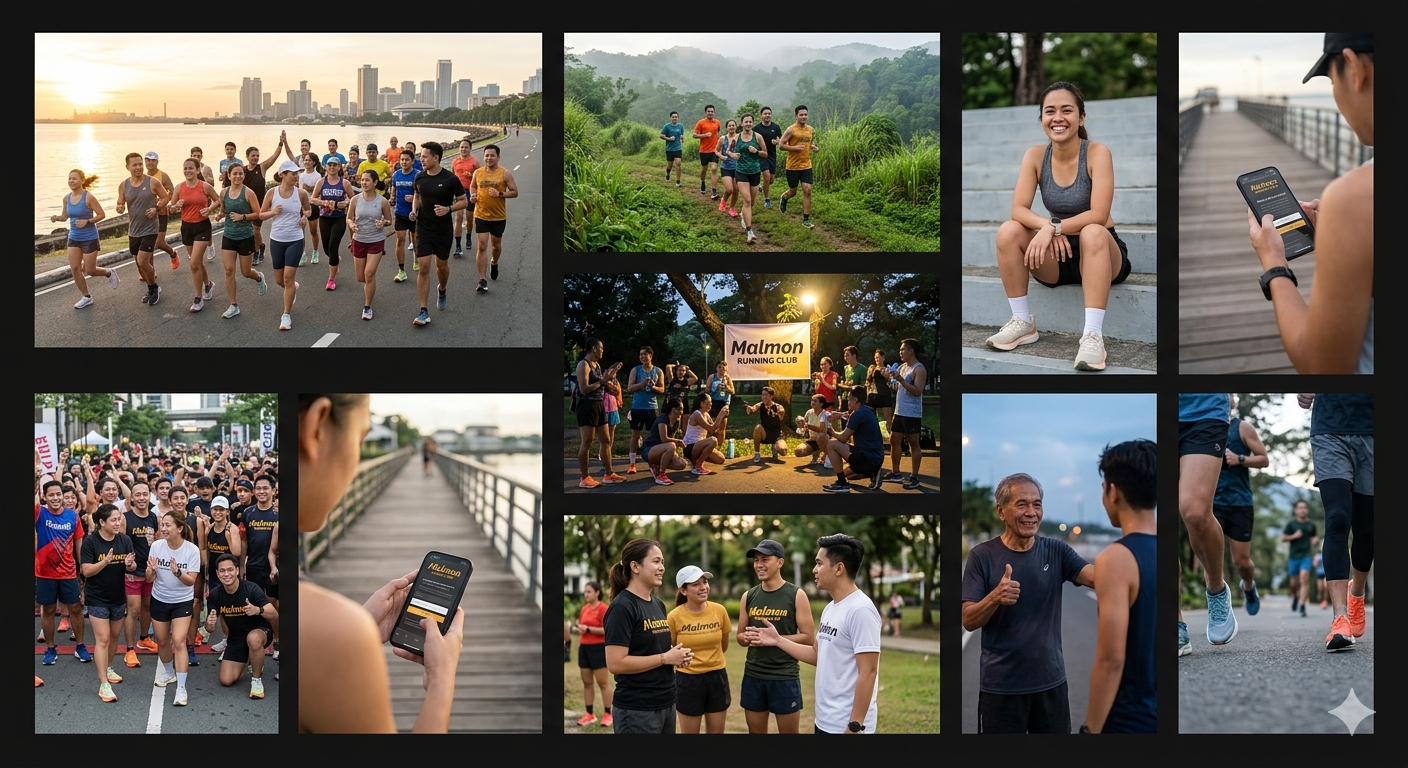 Malmong Running Club community photo collage showing group runs and events